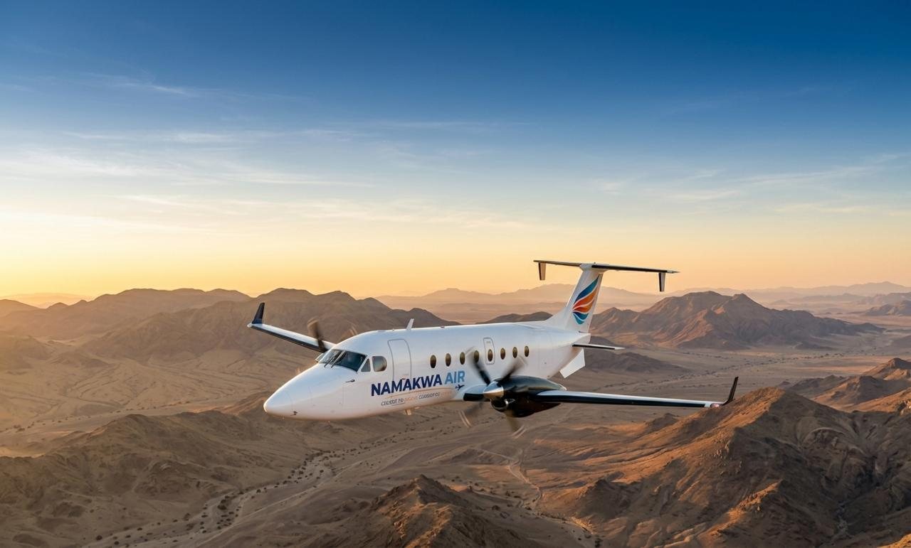 Aircraft flying over desert mountains at sunset